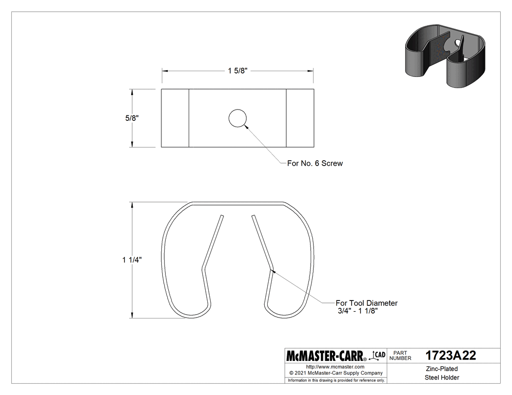 Technical Drawing of Zinc-Plated Steel Tool Holder, 3/4"-1-1/8" Tool Diameter.